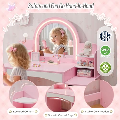 Kids Vanity Table Set with Lighted Mirror, Bookshelf and Stool (Pink)