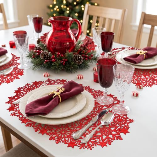 HADEEONG Snowflake Placemats Set of 6 - Red, PVC Dinner Mats 17.7 x 11.8 in