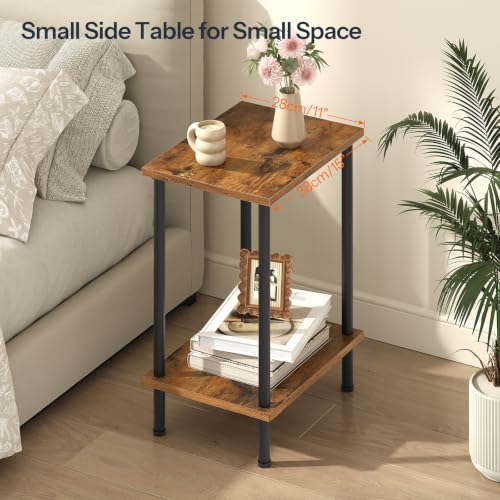 Small Side Table with 2-Tier Storage Shelves, Rustic Brown Nightstand
