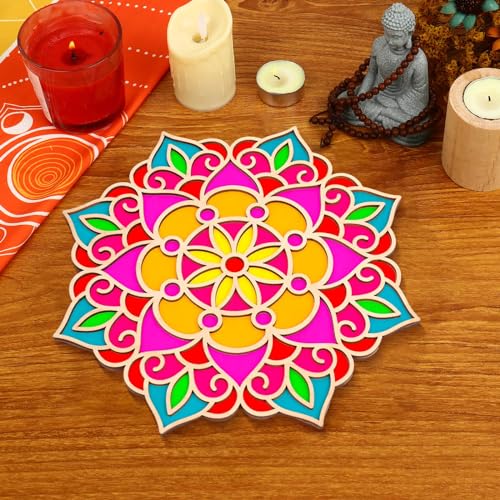 Reusable Wooden Rangoli Mat - 12x12 Inch Decorative Floral Board for Diwali