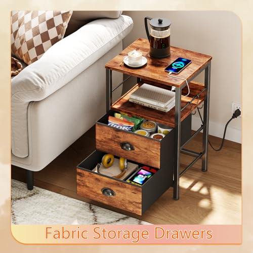 Industrial Nightstand with Charging Station, 2 Fabric Drawers & USB Ports