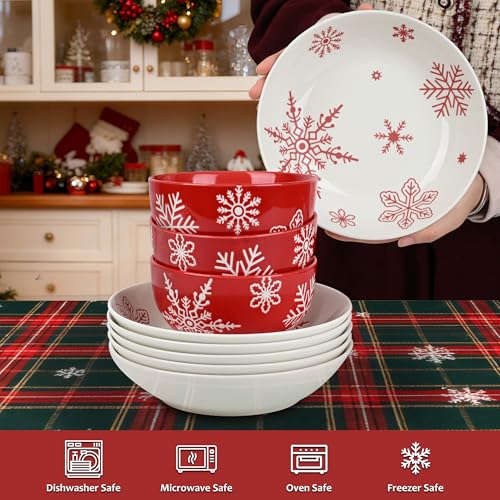 Ollieroo 4 Pieces Christmas Pasta Bowls Set White Snowflake 7.8", 23oz Microwave Safe