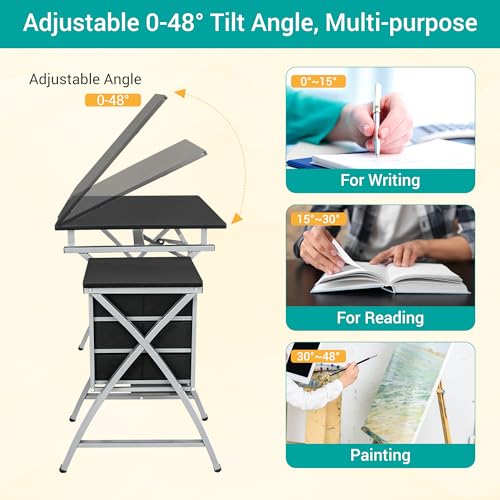 Adjustable Drafting Table and Stool Set with 3 Drawers for Art and Writing