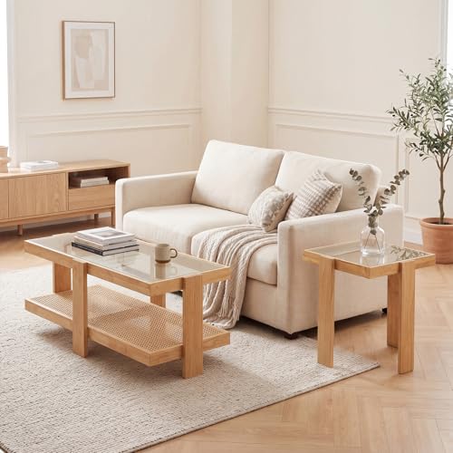 2-Piece Nesting Coffee Table Set with Rattan Accents and Glass Top