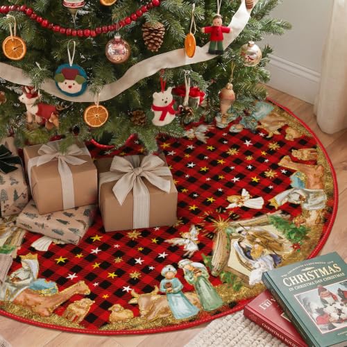AVOIN colorlife Buffalo Plaid Christmas Tree Skirt 36 Inch Red & Black Winter Holiday Decor