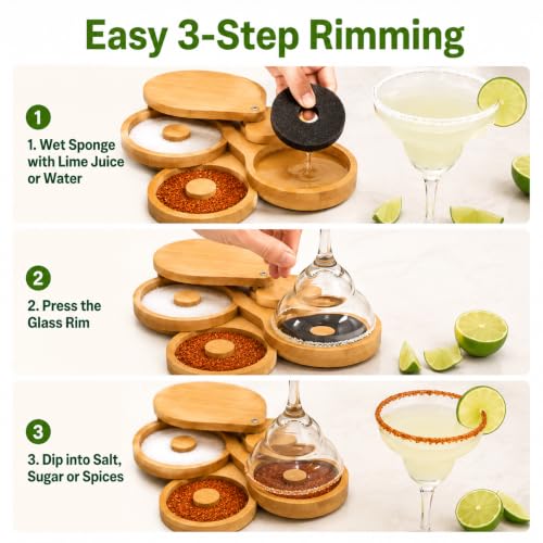 Wadoy 3-Tier Bamboo Cocktail Rimmer Set with Protective Lid & Replaceable Sponges