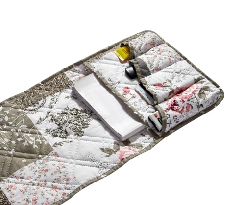 Quilted Pink Rose Toile Couch Armrest Organizer with Magazine Pocket