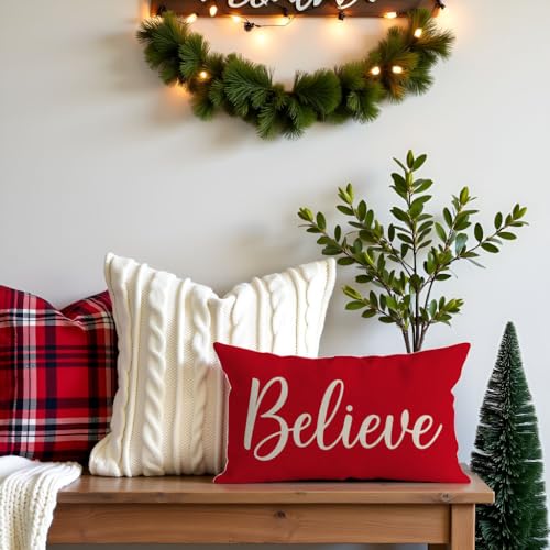 PANDICORN Christmas Pillow Covers 12x20 Set of 2 - Merry Christmas Believe Red