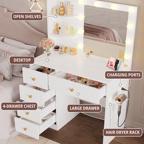 Vanity Desk with Mirror, Lights, and Stool - 5-Drawer Makeup Table, White