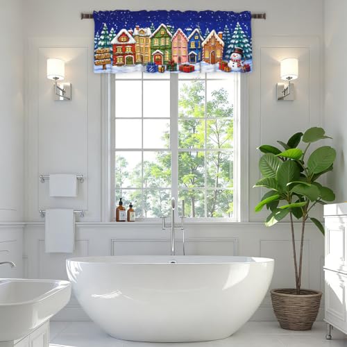 Blue Cartoon Houses Christmas Kitchen Valance 54x18in - Xmas Curtain