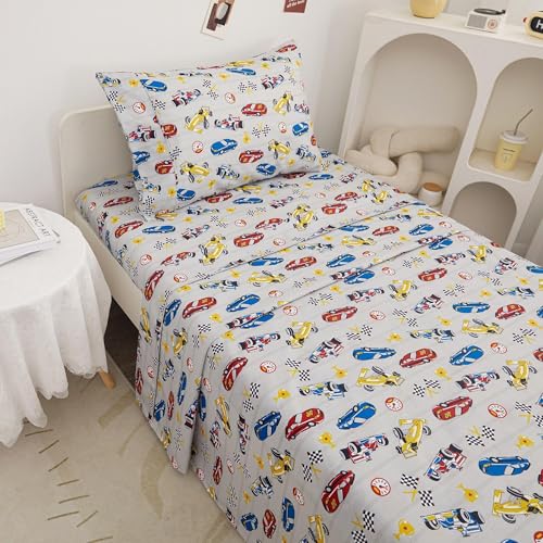 Twin Size Bed Sheet Set - 3-Piece Kids Racing Car Print with Deep Pockets