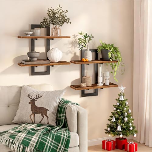 2-Tier Floating Wall Shelves Set, Rustic Industrial Storage Shelves
