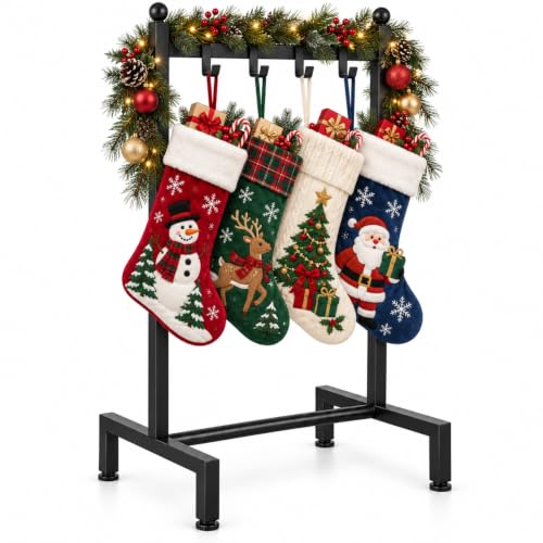 Christmas Stocking Holder Stand with 4 Hooks, Freestanding Metal Rack, 42" Tall