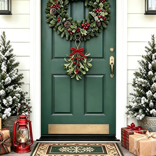 Mistletoe Hanging Decoration with Velvet Bow & Red Berries - 1Pcs, Worthyeah (Classic)