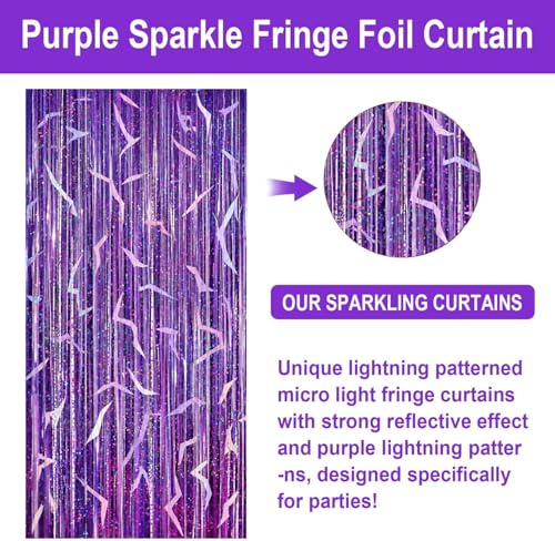 2 Pack Purple Holographic Foil Fringe Curtains - 3.3 x 6.6 ft Party Backdrop