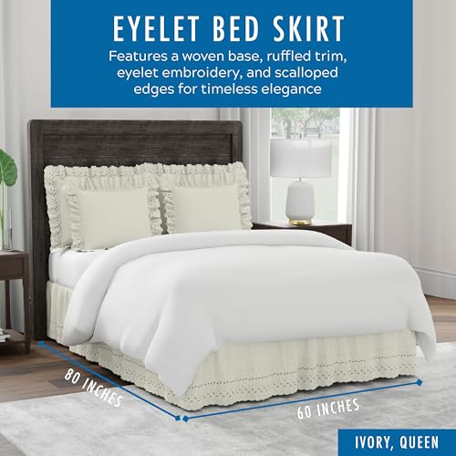 Ruffled Queen Bed Skirt with Eyelet Embroidery - 14 Inch Drop, Ivory