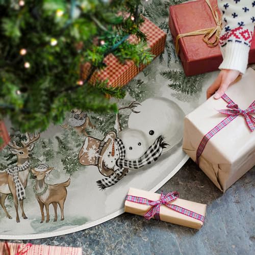 36-Inch Christmas Tree Skirt with Snowman & Reindeer Pattern, Rope Ties
