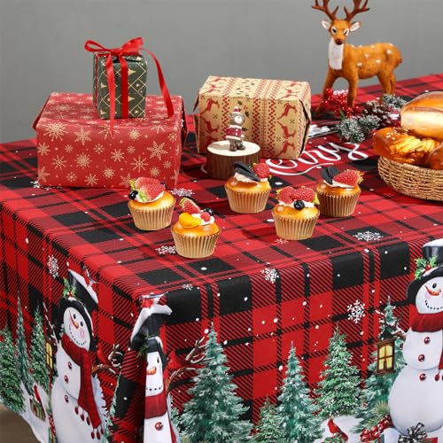 Christmas Tablecloth 60x84 Inch Red Black Buffalo Plaid Snowman Holiday Decor