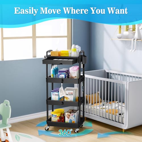 4-Tier Rolling Utility Cart with Drawer, Hooks & Lockable Wheels