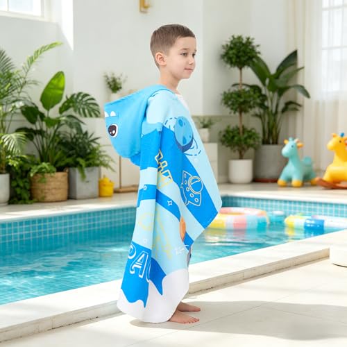 Kids Hooded Beach Towel - Blue Dinosaur Soft Bath Towel for Ages 3-10, 30" x 50"