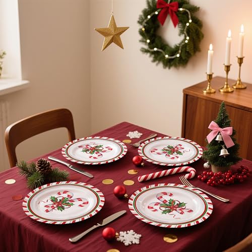 WRAPAHOLIC Christmas Candy Cane Paper Plates 7 Inch - 25 Pack Disposable Holiday Tableware