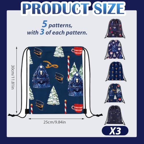 Christmas Train Party Favors Drawstring Bags - Set of 15, Festive Designs