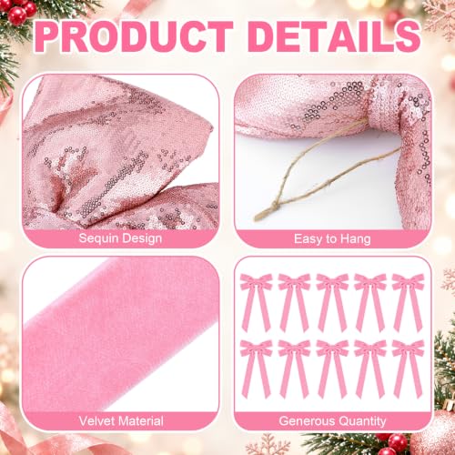 Pink Velvet Christmas Tree Bow Set with Sequin Topper - Holiday Decor