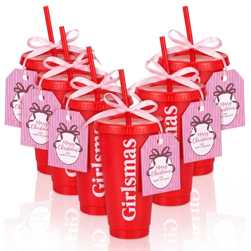 Potchen 6 Pack Girlsmas Christmas Plastic Cups with Lids, Straws, Pink Tags & Ribbon – 24oz