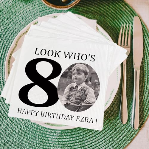 Personalized 80th Birthday Photo Napkins - Look Who's 80 Party Supplies, Cocktail & Beverage Size, Customizable