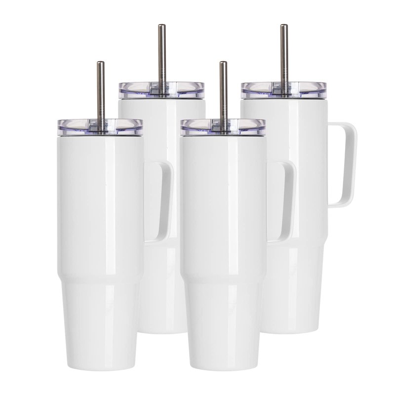 PYD Life 4 Pack Sublimation Tumblers with Handle Blanks 36 OZ White Coffee Mugs Insulated Reusable Travel Cups with Leakproof Lid and Stainless Straw for Tumbler Heat Press