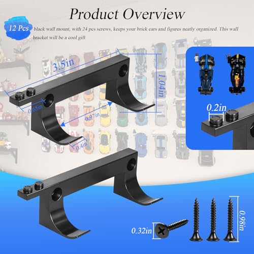 12-Piece Wall Mount Display Set for Brick Car Models and Minifigures