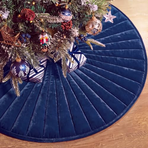 Foilswirl Navy Blue Velvet Quilted Christmas Tree Skirt 60 Inch