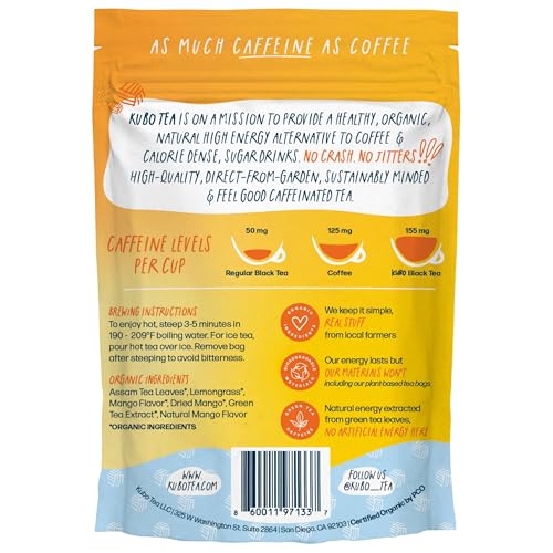 Kubo Tea High Caffeine Black Tea (155 mg) – Lemon Mango Energy Tea for Focus & Clean Energy | Smooth Coffee Alternative | Fruity Antioxidant Blend | 20 Compostable Tea Bags