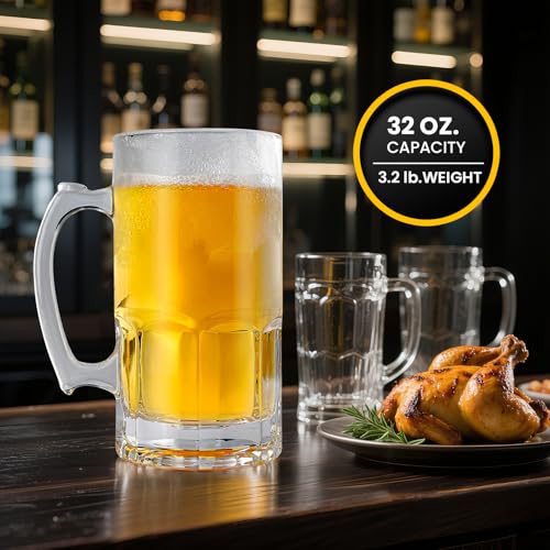 Large 34 oz Heavy Glass Beer Mugs - Set of 2 Traditional Dimpled Steins