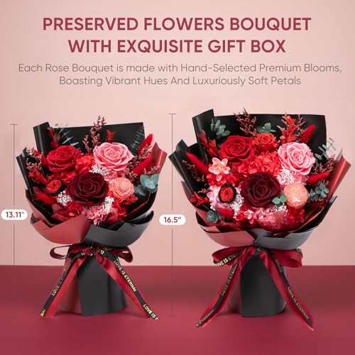 Preserved Red Rose Bouquet - Real Forever Flowers Gift Set with Vase