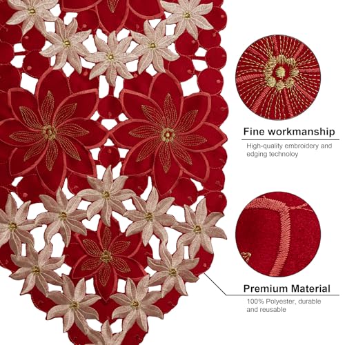 Joyfol Day Christmas Table Runner 14x59 Inches with Gold Poinsettia Embroidery