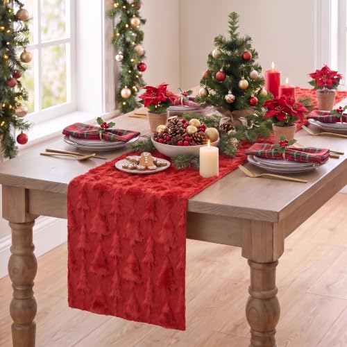 Christmas Table Runner 13 x 120 Inch Red Faux Fur Plush Holiday Decor