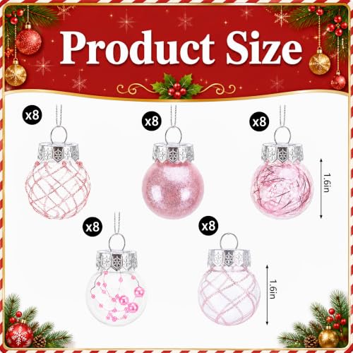 Pink 40 Pcs Clear Shatterproof Christmas Ball Ornaments – 1.6in Plastic Balls