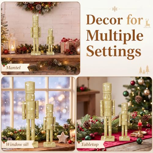 Vicenpal 15in & 10in Gold Glitter Nutcrackers Set - Wooden Christmas Soldier Figurines (2 Pcs)