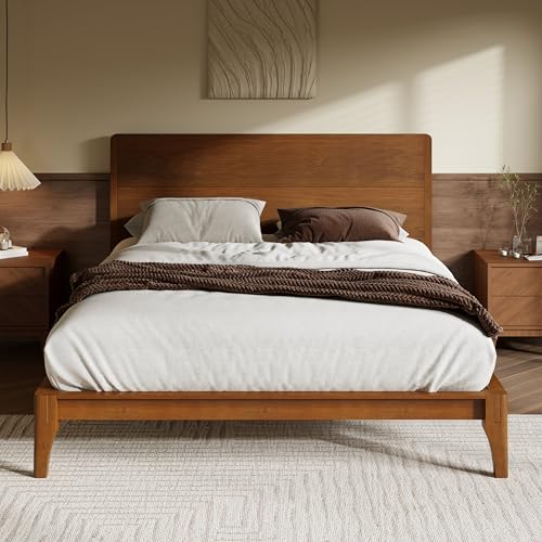 Queen Size Bamboo Platform Bed Frame with Tall Headboard, Noise-Free