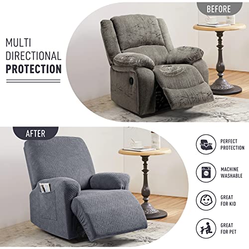 Stretch Recliner Chair Cover - 3-Piece Jacquard Slipcover with Pocket