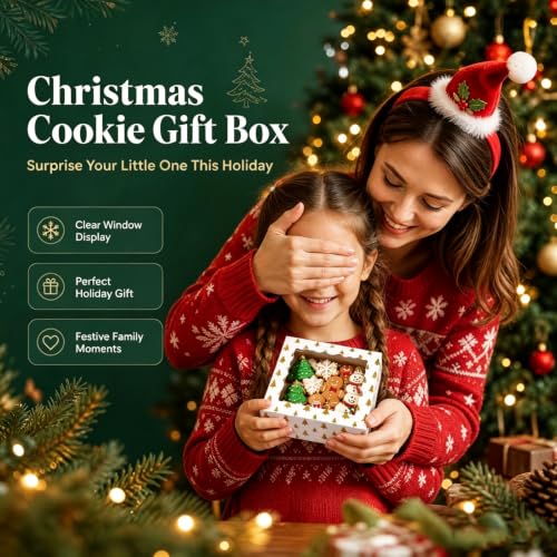 NEKSUNBAK 5x5x2 Inch Christmas Treat Boxes (24 Pack), White Cardboard with Window