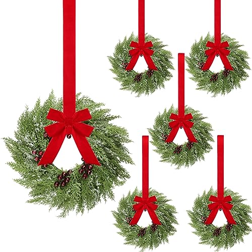 6-Piece Mini Christmas Wreaths with Red Ribbons for Kitchen Cabinets