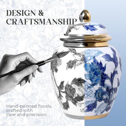 Andaliz 11-Inch Blue and White Ginger Jar Vase with Gold Trim - Decorative Porcelain