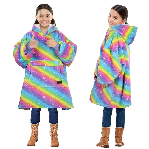 Solaris Rainbow Kids Wearable Blanket Hoodie Oversized Sherpa Fleece for Children