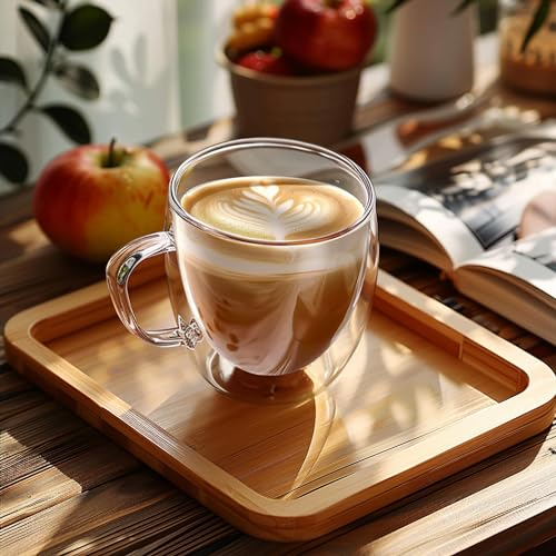 YMMIND 6oz Set of 4 Double Walled Glass Coffee Mugs with Handles - Insulated Borosilicate Espresso Cups for Hot Beverages