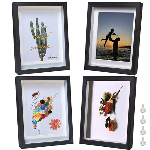 5x7 Shadow Box Frame Set - 4 Pack Black Display Case for Wall or Tabletop
