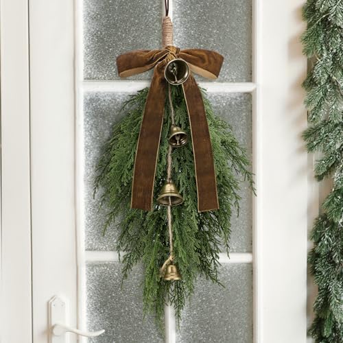 2 Pack Artificial Christmas Cedar Teardrop Swags with Velvet Bow and Bells