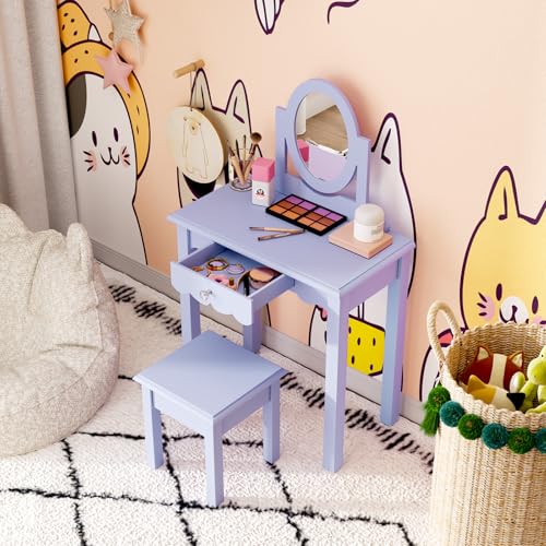 Kids Vanity Set with Mirror, Stool, and Drawer - Purple Wooden Makeup Desk