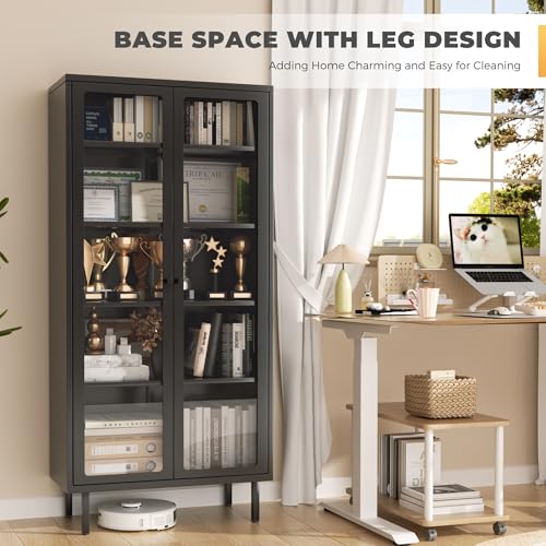 67-Inch Metal Glass Display Cabinet with 4 Adjustable Shelves, Black